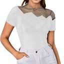 WDIRARA Women's Mesh Rhinestone Mock Neck Short Sleeve Tee Top Slim T Shirt, Small