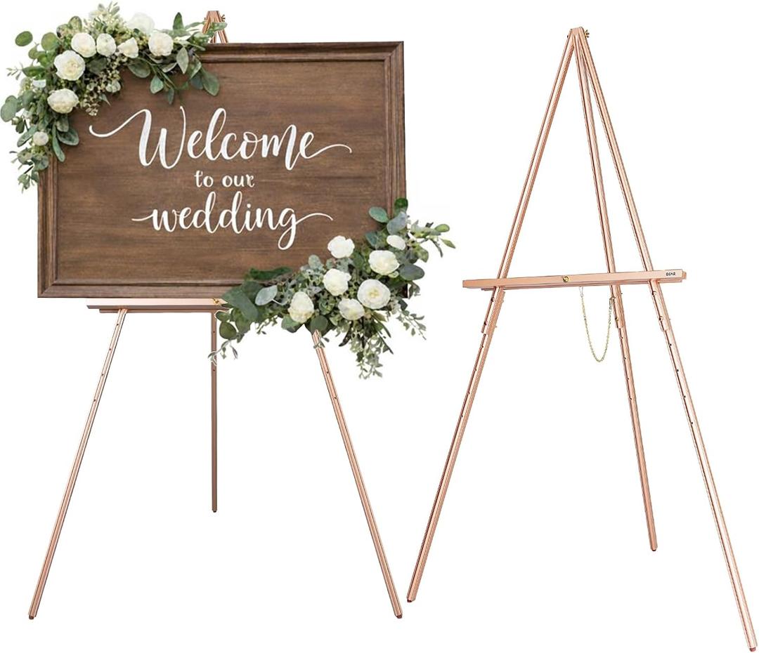 DJAR 63" Wooden Easel Stand for Sign, Dual-use Adjustable Height, Wood Floor Display Easel for Wedding, Welcome Board, Poster, Picture, Photo- Rose Gold, 1pc