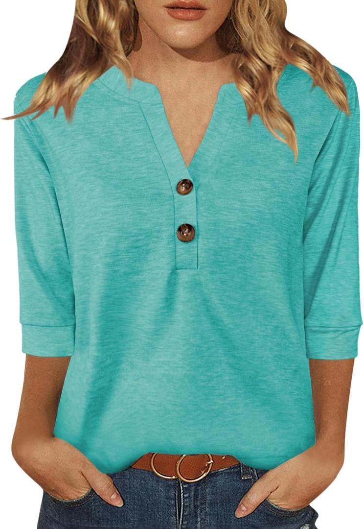 Womens Tops 3/4 Sleeve V Neck Button Down Shirts Business Casual Outfit Basic Tees Summer Top 2025 (XL) Womens Tops 3/4 Sleeve V Neck Button Down Shirts Business Casual Outfit Basic Tees Summer Top 2025 (XL)