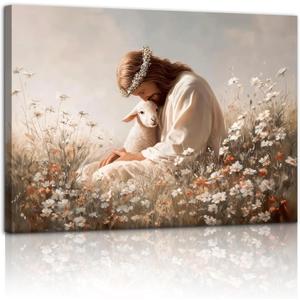 Christian Canvas Wall Art Jesus with Lamb Painting Wall Decor 16"L x 24"W