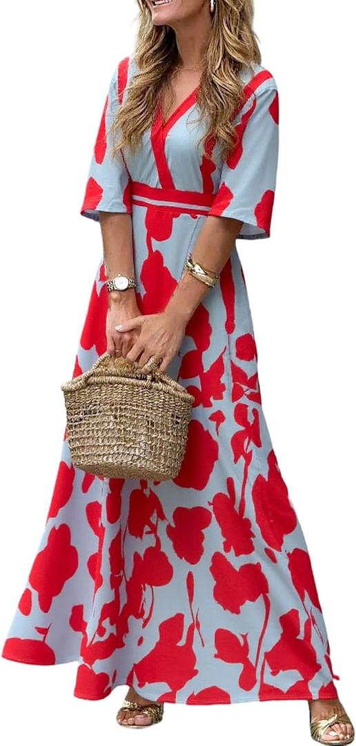 XNC Womens Summer Fall Cross V Neck Short Sleeve Party Long Dresses Red Boho Floral Flowy Split Cocktail Maxi Dress (S)