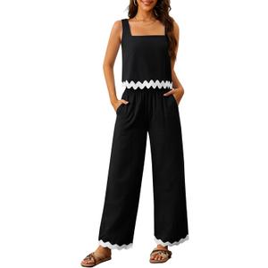 Women's 2 Piece Outfits Summer Sets Linen Sleeveless Crop Tank Top Wide Leg Pants Cruise Vacation Lounge Matching Sets (Black, XXL)