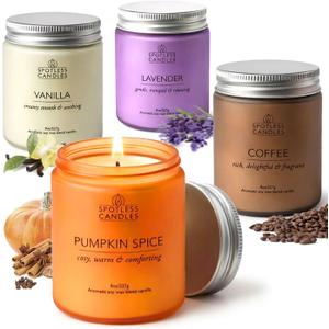 Candle Gift Set for Women 4 x 8oz: 200 Hour Burn, 10% Fragrance Oil, Coffee, Vanilla, Lavender & Pumpkin Spice, Frosted Colored Glass Jars, Silver Lids, Luxury Gift Box by Spotless Candles