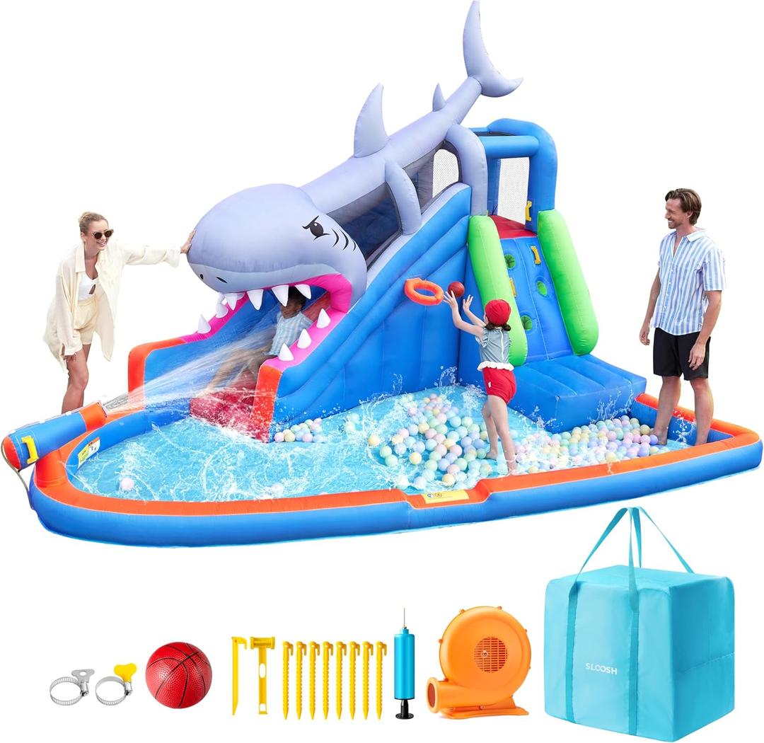 SLOOSH Inflatable Water Slide Park for Kids Backyard - 6 in 1 Blow Up Water Park Slides with Splash Pool, Bounce House, Basketball Hoop, Water Cannon & 450W Blower | Outdoor Kids Water Slide Party Fun
