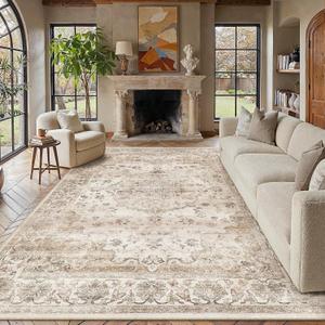 PureCozy Beige Area Rug 10x12 Living Room Vintage Floral Non-Slip Carpet