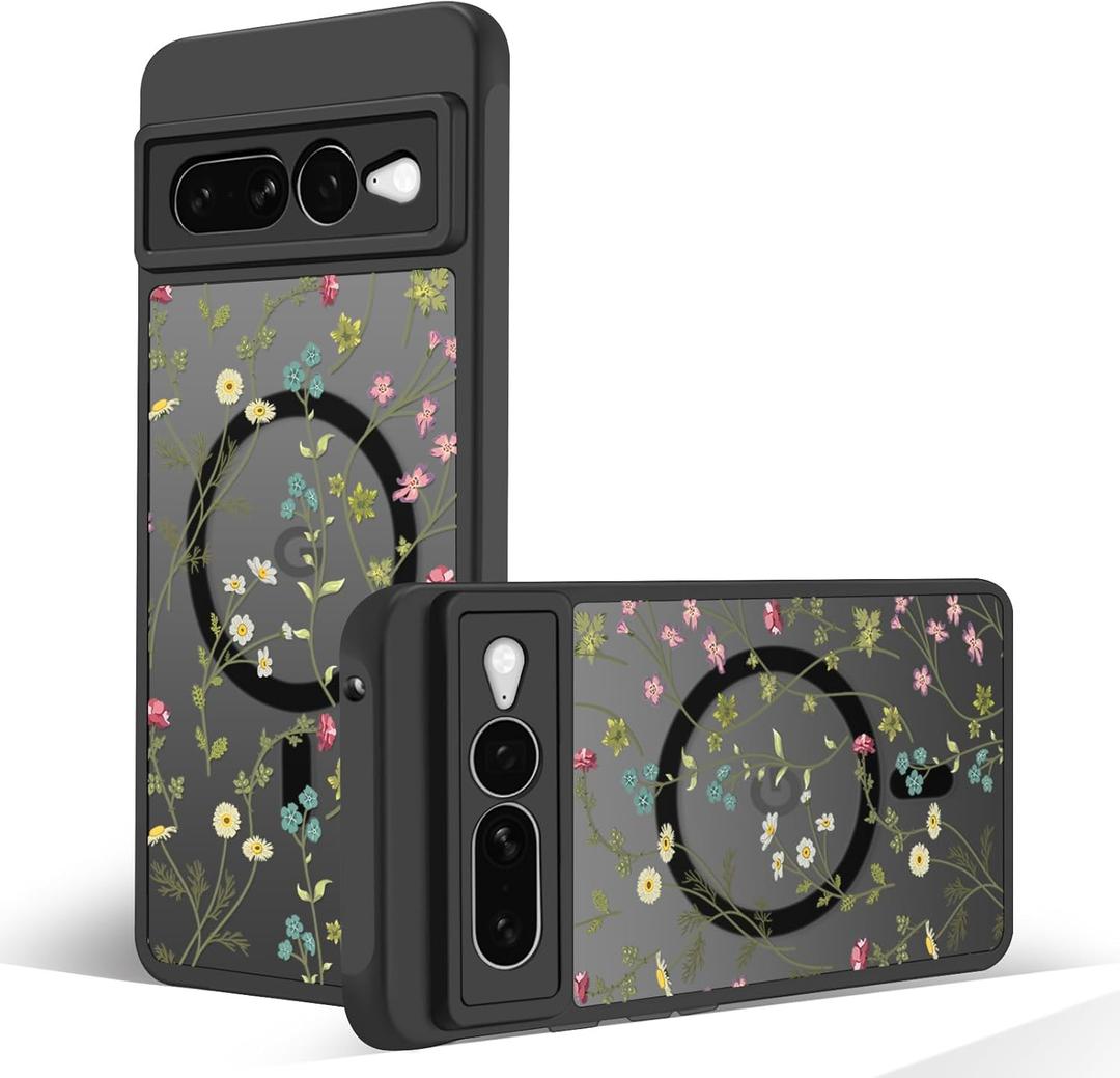 Magnetic Case for Google Pixel 7 Pro[Compatible with MagSafe] Cute Black Flower Floral Pattern Case for Women Girls Soft TPU Bumper Hard PC Back Anti-Fall Shockproof Protective Slim Cover A8 (Flower Branch 1)