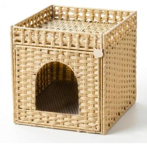 Cat Litter Box Furniture, Rattan Litter Box Enclosure Cabinet for Indoor Cats, Ventilated Covered Litter Box House, Decorative Litter Box Hider with Mat