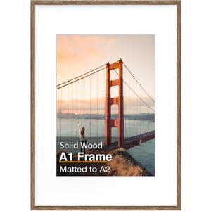 A1 Picture Frame, Rustic Brown Solid Wood Frame with Acrylic Plexiglass for Pictures A2 with Mat or A1 without Mat, Wall Mounting Display Photo Frame 1 Pack