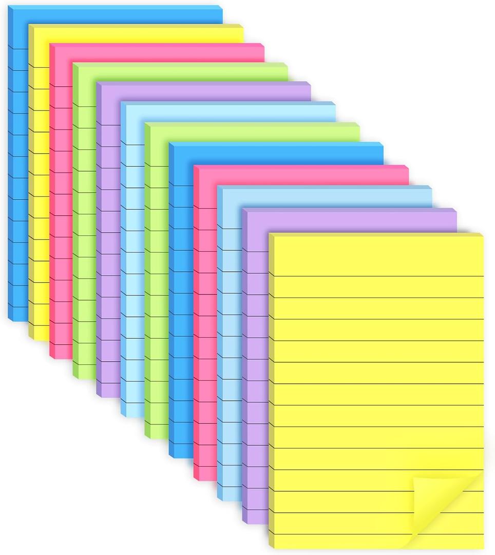 12 Pack Lined Sticky Notes 4x6 in Bright Colors Self-Stick Note Pads with Lines, Colorful Bulk Sticky Memo Pad for School, Office, Meeting