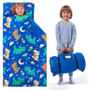 Toddler Nap Mat with Removable Pillow and Plush Blanket - 54" x 33"for Kids Ages 3-6 Years - Soft Kids Sleeping Bag for Toddlers - Roll Up Design Great for Preschool, Daycare