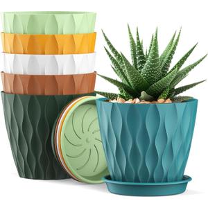 4 Inch Small Pots for Plants, 6 Pack Waffle Texture Small Plant Pots for Succulents, Plastic Planter with Drainage Holes and Saucers for Indoor Outdoor Plants, Flowers, Herbs, Seedlings, Colorful
