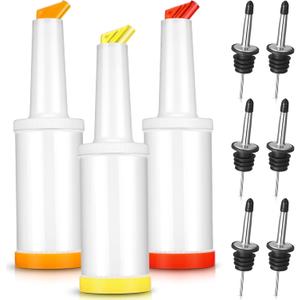Chengu Fruit Juice Pour Bottles 34 oz Plastic Liquor Bar Supplies with Stainless Steel Bottle Pourer Tapered Spout for Cocktail Bartending Liquor Juice Store(Bright Colors,3 Pack)