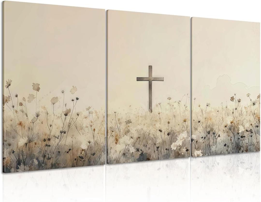 QKYKISS 3Pcs Jesus Wall Art Nature Wildflowers Cross Canvas Poster Religious Pastoral Scenery Picture Rustic Meadow Mural Country Flowers Art Print Living Room Bedroom Office wooden frame16x24in