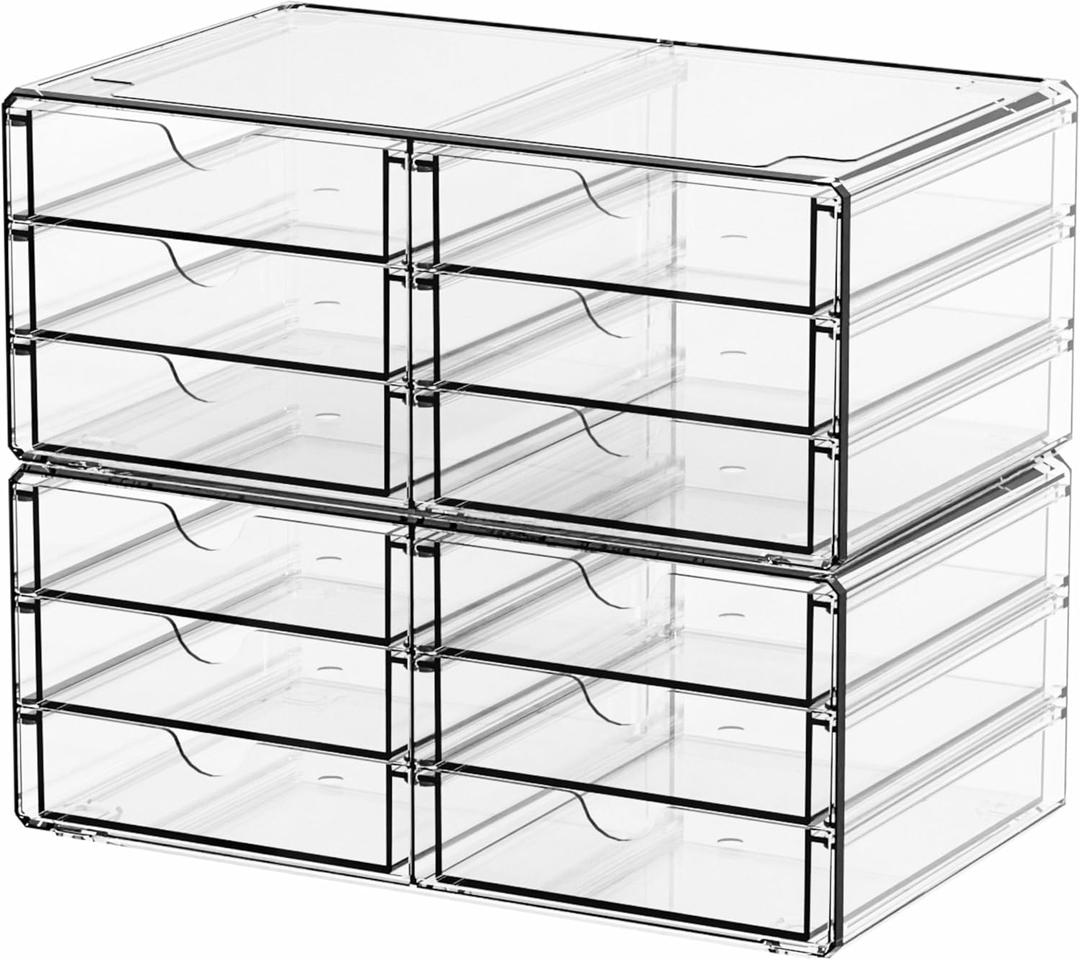 Yieach 2 Pack Acrylic Storage Drawers With 12 Small Drawer,Stackable Office Cabinet Organizer and Makeup Organizer, Clear Plastic Drawers for Craft Supply, Pen, Stationary, Accessory, Makeup, Desk Organizer