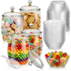 LemonRoad 4 Pcs 64 oz Plastic Candy Jars with Lids 100 Pcs Bowls 2 Spoons, Clear Cookie Dessert Buffet Containers Set Large Airtight Apothecary Storage for Wedding Home Bar Supply