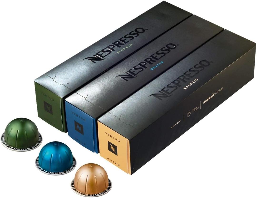 Nespresso Vertuo Coffee Pods, Pack of 30, 10 x Melozio, 10 x Stormio, 10 x Odacio capsules for Nespresso Machines. Make Espressos, Cappuccino and Lattes at home. Recyclable Pods, Best By 03/22/2025