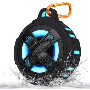 Upgraded, Bluetooth Speaker, Shower Speaker, Certified IP67 Waterproof, Silicone Case, 10W Pro Sound & Deep Bass, 24Hrs Playtime, Lights, Small Wireless, Portable Clip, for Beach Kayak Camping Gifts (Black)