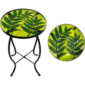 Subtropical Leaf Small Patio Table,Outdoor Side Table,Outdoor Bar Table,Metal Glass End Table for Porch Garden Yard Pool Living Room10 Inch Circle Plant Side Table-Painted Leaf Patterns (Green)