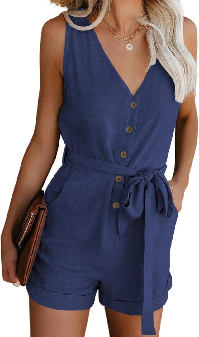 Acelitt Womens Casual Summer Crewneck Ruffle Sleeveless Rompers (Small, B-royal Blue)