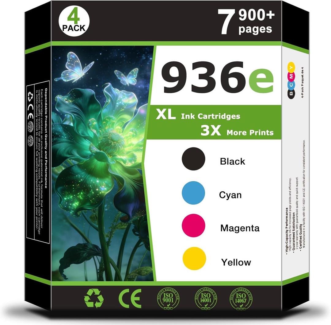 936e 936XL Ink Cartridges combo Compatible for HP936e for HP 936 XL Printer ink 936e ink Cartridges Work with Officejet Pro 9110b 9120 9122e 9125e 9128e 9130b 9135e 9730e Printer black C/M/Y(4 Pack)