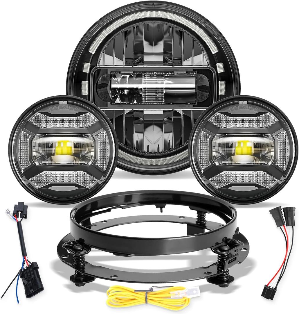 SPL 1000% Bright 7 inch Motorcycle LED Headlight with Halo DRL 4.5" Fog Passing Lights DOT Kit Compatible with Road King Electra Glide Street Glide Heritage Softail Ultra Classic Fat Boy Tri, Black