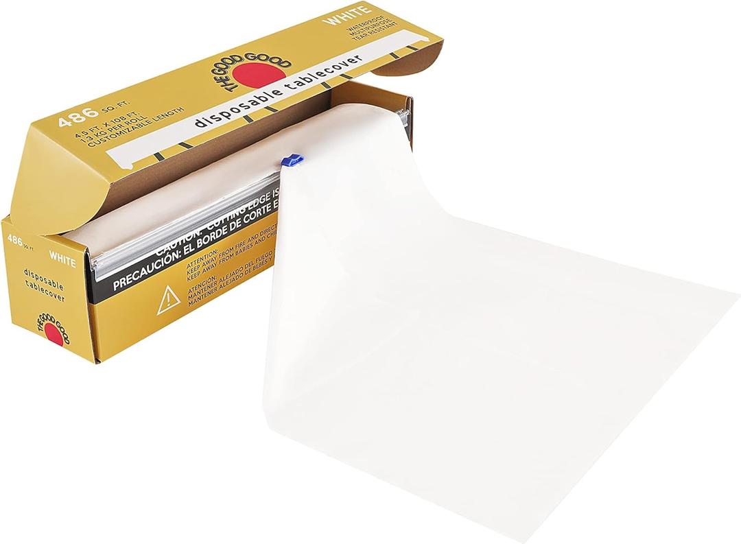 Thick White Plastic Disposable Plastic Tablecloth Roll with Easy Slide Cutter | 54 in Wide | Cover Square, Round, Foldable, Rectangle Table for Party, Birthday, Indoor, Outdoor, Events