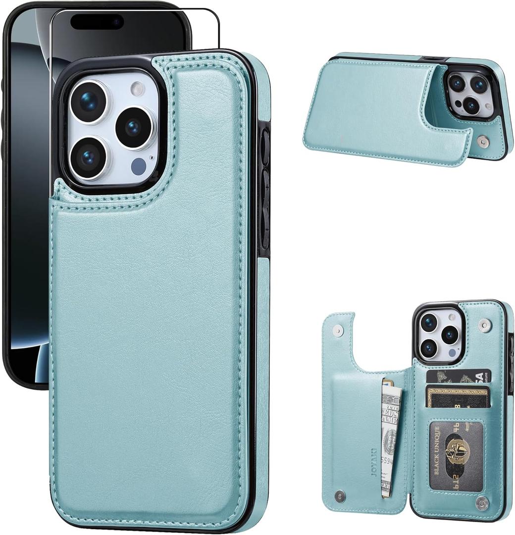 Wallet Case Compatible with iPhone 16 pro, Slim Protective case with Card Holder,PU Leather Kickstand Card Slots Case with Double Magnetic Clasp for iPhone 16 pro 6.3-Ice Blue
