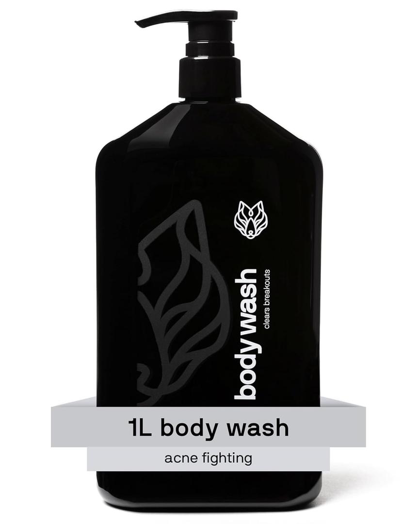 Black Wolf Salicylic Acid Body Wash for Men, 1 Liter - Men's Acne Body Wash - Charcoal Helps Reduce Acne Breakouts & Cleanse Your Skin - Full Coverage & Deep Clean Treatment - Men's Bodywash (33.8 Fl Oz (Pack of 1))