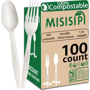 MISISIPI [7.1In 100Pcs] 100% Compostable Forks and Spoons Biodegradable Forks and Spoons HeavyDuty No Plastic Fork and Spoon Eco-friendly HeavyWeight Disposable Forks and Spoon Flatware Set