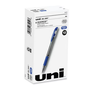 uni-ball Signo GRIP Gel Pen, Stick, Medium 0.7 mm, Blue Ink, Silver/Blue Barrel, Dozen, 12 PCS