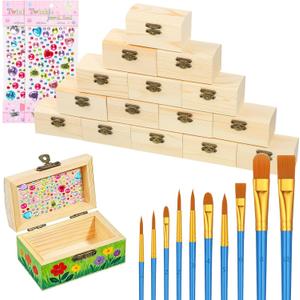 15 Pcs Small Wooden Boxes with Hinged Lids 3.5 x 2.2 x 2 Inch Unfinished Unpainted Wood Box Front Clasp Lockable Wooden Treasure Box, 20 Pcs Paint Brushes with 2 Sheets Craft Gems for Keepsake Boxes