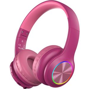 Candy Bila Kids Bluetooth 6.0 Headphones with LED Light, 85Hours Playtimes, Type-C Fast Charging, 85/94dB Volume Limited, Comfort Wireless Headphones with Built-in Mic, Wired & TF Card Mode, Hot Red
