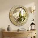 WAMIRRO Gold Round Wood Wall Mount Mirror, 24 Inch Hand Carved Solid Wood Frame Circle Mirror, Farmhouse Boho Decor for Living Room, Bathroom, Bedroom, Hallway & Entryway