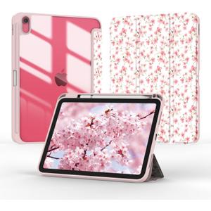 Case for iPad A16 11th Generation 11 Inch 2025/ iPad 10th Generation 2022 10.9 inch, Tri-Fold Smart Folio Auto Wake/Sleep with Clear Back/Pencil Holder for iPad 11/10 Gen(Floral Pink)