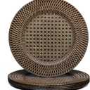 Spsyrine Faux Rattan Plastic Rustic Charger Plates, Set of 6 Elegant Round Plate Chargers for Dinner, Decorative for Events and Parties. (Plaid) (Brown)