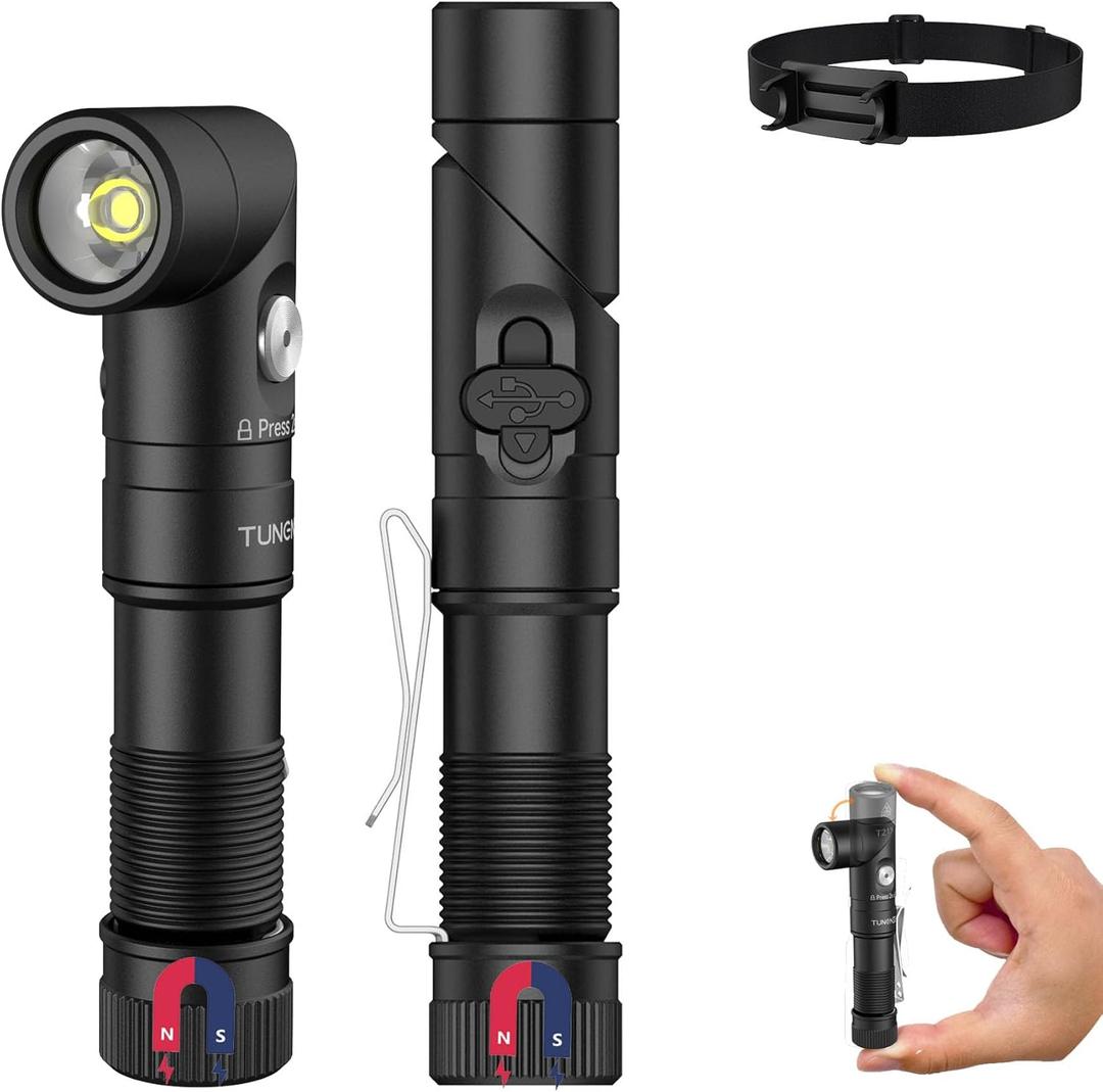 T21X 1400 Lumen Small LED Flashlight Rechargeable, Super Bright 90 Degree EDC AA Pocket Flashlight with Magnet, Adjustable Headlamp, Mini Tactical Light & Clip for Camping Running Hiking