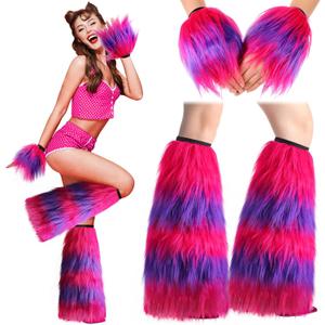 4 Pcs Halloween Furry Costume Accessories for Adult Fur Leg Warmers Furry Gloves Cosplay Party