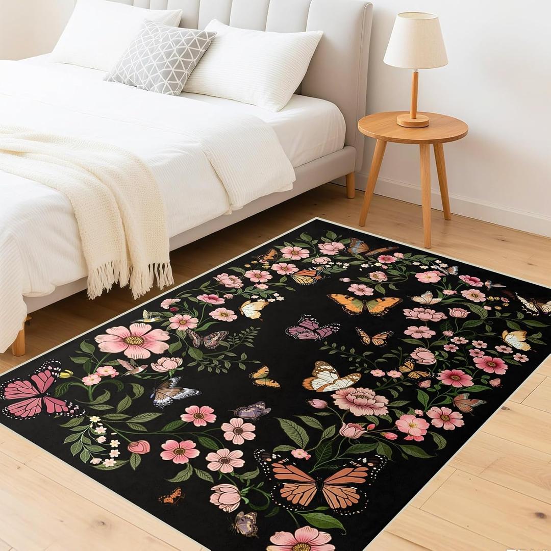 Area Rug for Living Room 5'x7' - Floral Butterfly Print 5x7 Area Rugs for Living Room Soft Black Washable Rugs Ultra-Thin Indoor Door Mat (5'x7',Black) (Multi 1003)