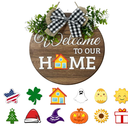 Interchangeable Seasonal Welcome Sign Front Door Decoration, Rustic Round Wood Wreaths Wall Hanging Outdoor Decor for Spring Summer Autumn and Winter All Seasons Holiday Halloween Christmas