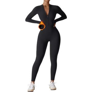 YEOREO Women Long Sleeve Workout Jumpsuit Zip Up Romper Bottom Pants Bodysuit Bodycon Sexy One Piece (Medium, Fleece Black)