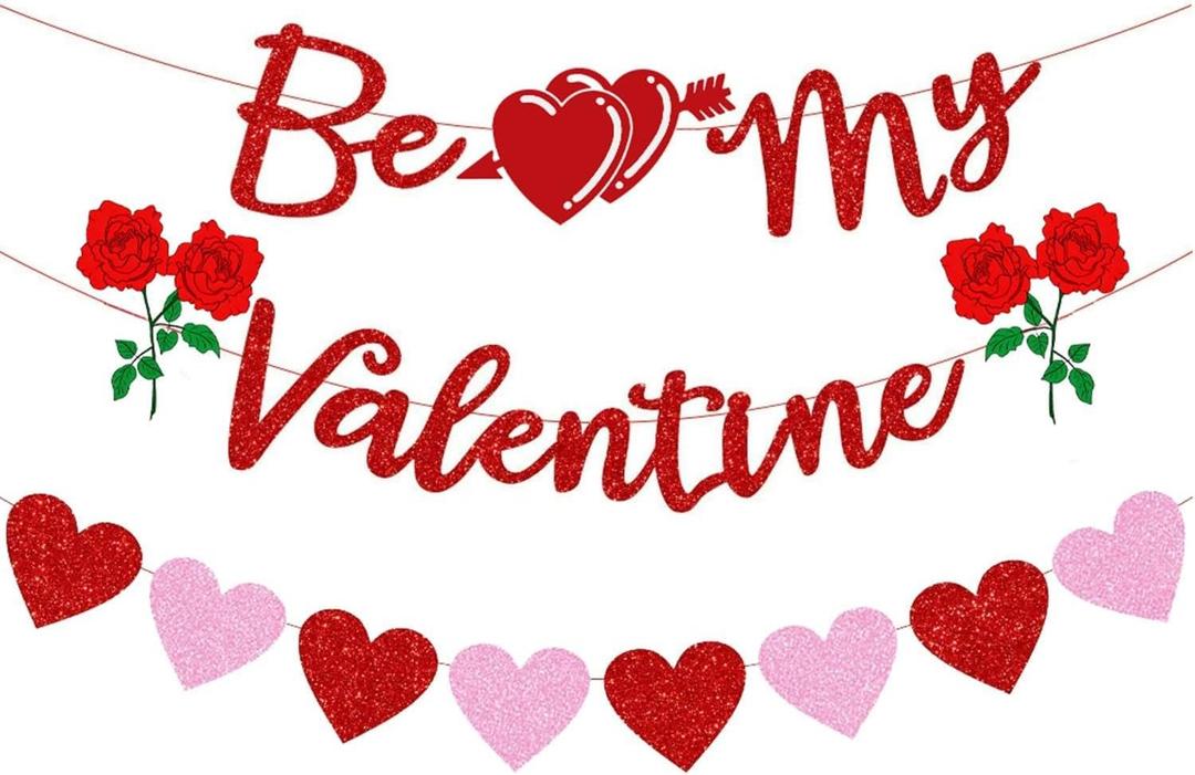 Pre-Strung Be My Valentine Banner, Glitter Valentines Day Bunting Sign Decorations with Red Pink Heart Garland for Indoor Home Wedding Engagement Anniversary Valentine Party Photo Backdrop Decor