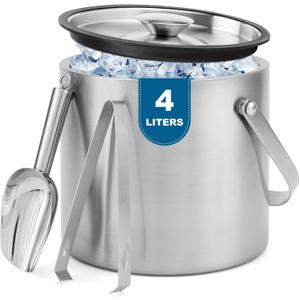 Ice Bucket, 4L Double Wall Insulated Ice Bucket with Lid,Scoop,Tongs- Inner Layer 304 Stainless Steel Ice Container Keep Ice Frozen Longer- Ideal for Cocktail Bar,Parties (4L)