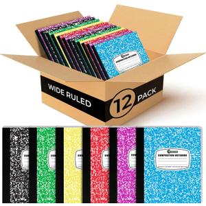 Rosmonde 12 Pack Bulk Composition Notebook Wide Ruled, 200 Pages (100 Sheets), 9-3/4 x 7-1/2", Hard Cover Wide Ruled Notebook Bulk, Assorted Colors Composition Notebook For School