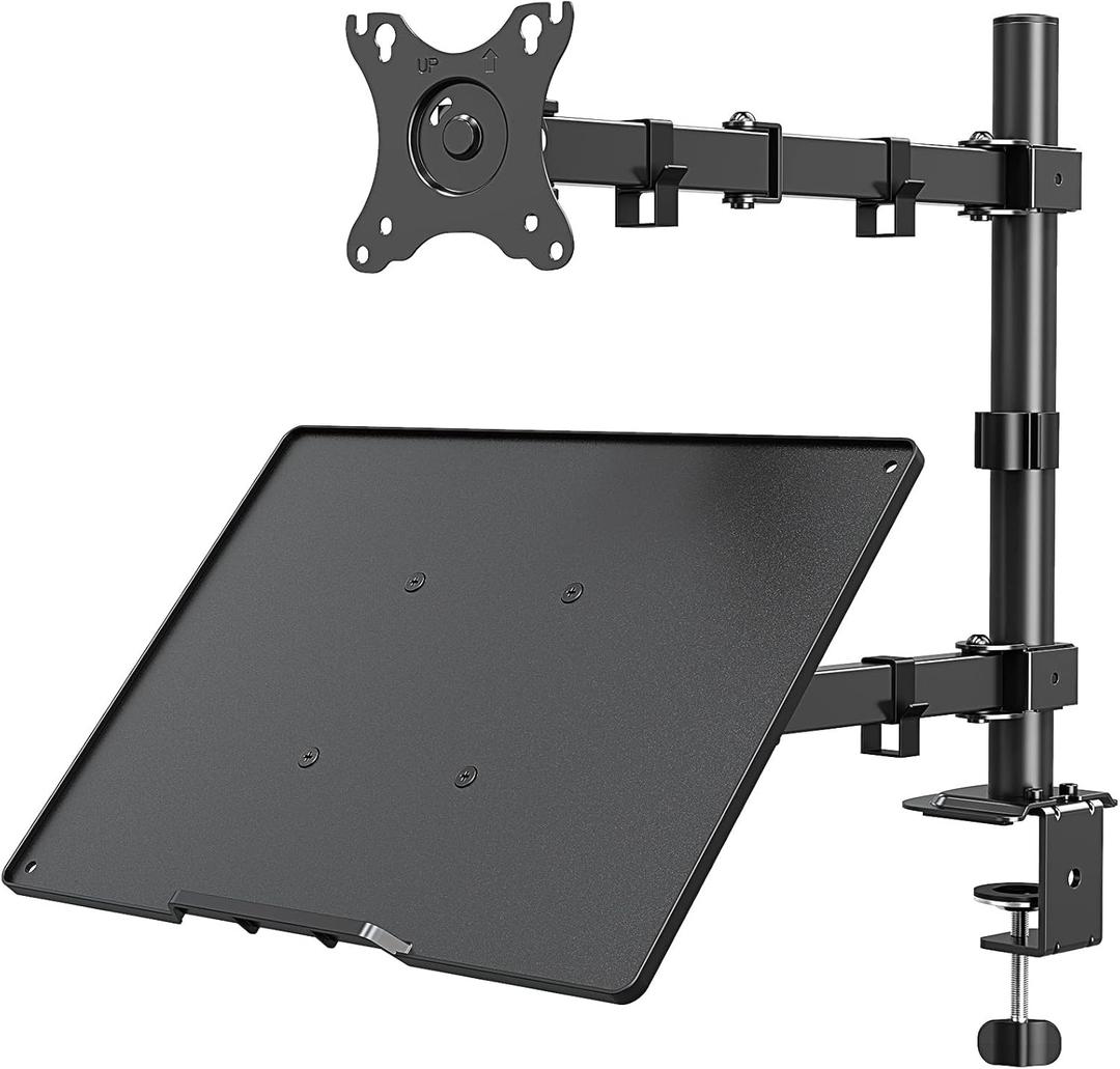 MOUNTUP Monitor Mount with Laptop Tray, Single Monitor Arm for 13-27 Inch Computer Screen, Laptop Mount for Max 17" Notebook, Desk Monitor Mount with C-Clamp and Grommet Base, up to 17.6lbs, Black