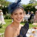 1920s Vintage Fascinators Hat Set for Women Tea Party Hats Veil Mesh Feather Headband Lace Gloves Set (Blue)