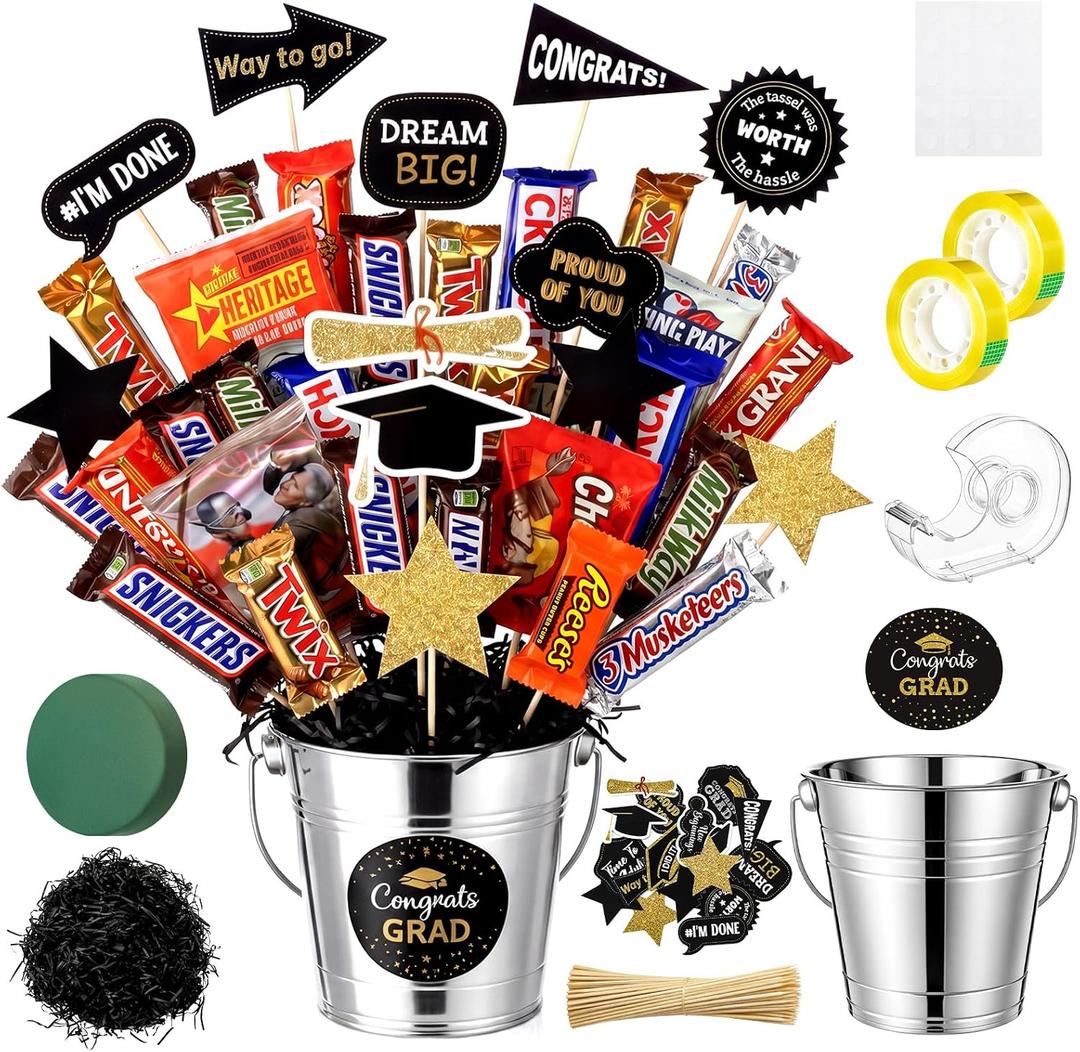 Yungyan 123 Pcs Graduation Candy Bouquet Kit 2026 Graduation Gift DIY Money Metal Bucket Bouquet Kit Class of 2026 Cash Snack Flower Congrats Grad Gifts for College High School Grads