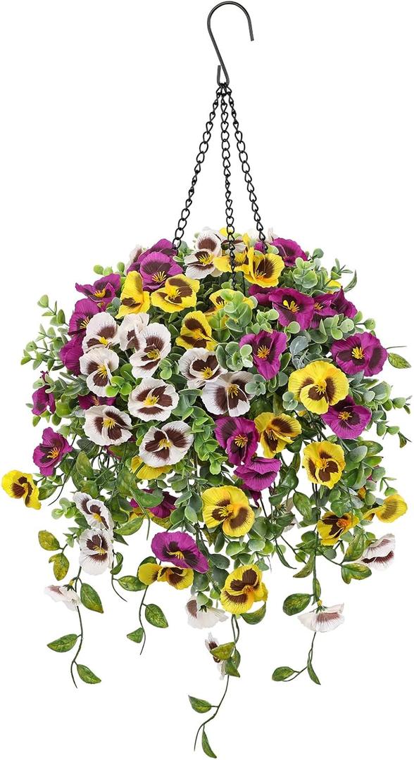Briful Artificial Hanging Basket Flowers Outdoor 25.5 UV-Resistant Pansy Hanging Plant with 15.3 Full Bloom Ball, Lush Trailing Faux Flowers for Porch, Balcony, Patio & Garden Year-Round Decor