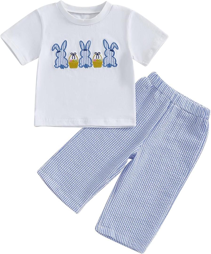 Toddler Bay Boy Girl Easter Clothes Bunny Embroidery Short Sleeve T-Shirt Tops Plaid Jogger Pants Set Spring Outfit 3-4T