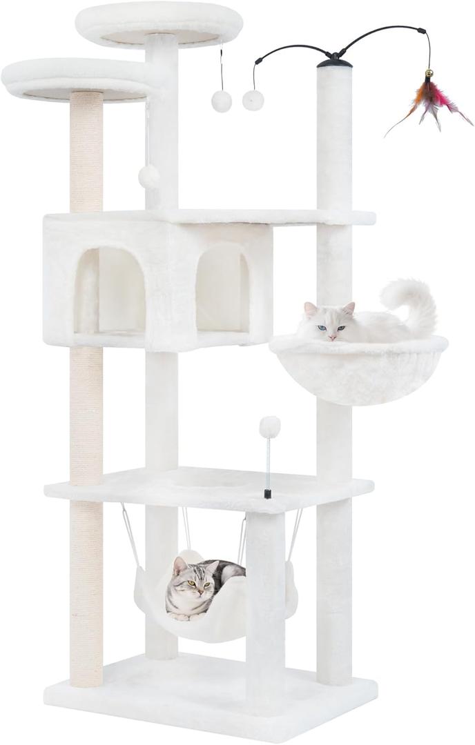 Big Cat Tree, Cat Tower with Multi-Level Condo, Hammocks, Rotating Toy (Beige, 70'')