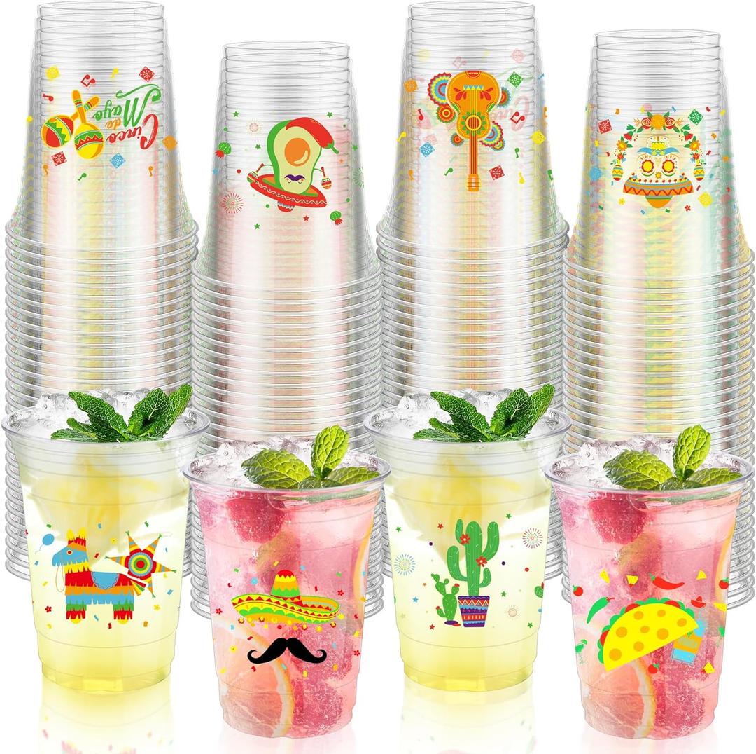 Kochorie 120 Pieces 16 oz Mexican Fiesta Plastic Cups Clear Disposable Cups with Double-sided Different Patterns Cinco De Mayo Drinkware Party Supplies Fiesta Taco Birthday Decorations, 4 Styles